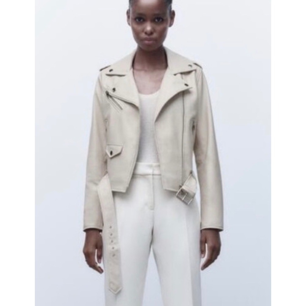 Zara Basic Womens Faux‎ Suede Biker Moto Jacket Sand Beige Belted XS